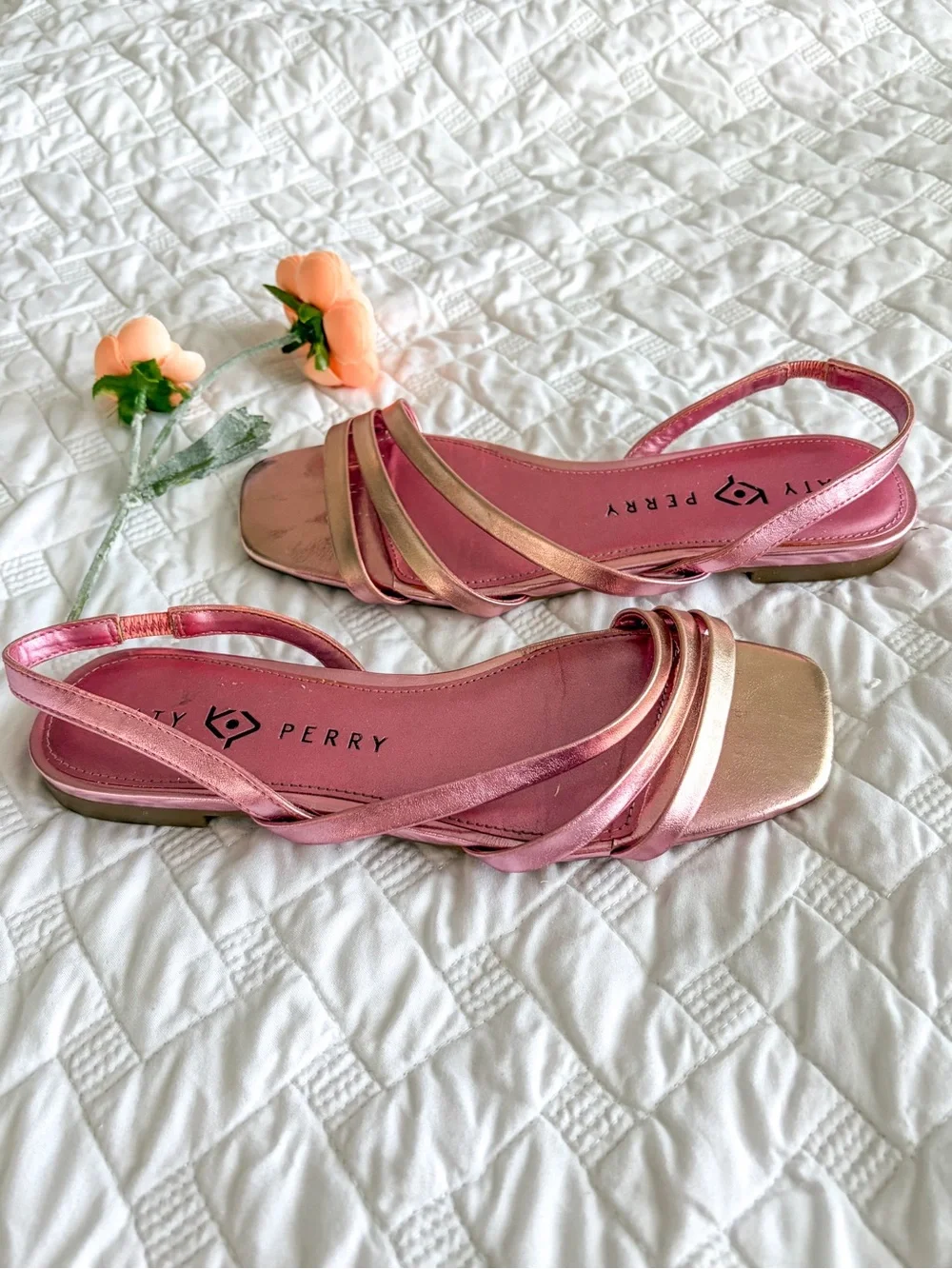 Katy Perry Metallic Pink Strappy Slingback Sandals Square Toe Size 7